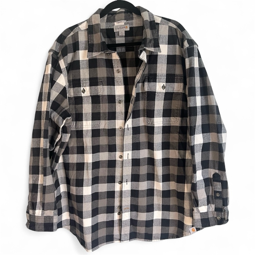 Carhartt Men’s Heavy Weight Original Black White Grey Plaid Button Flannel 2XL